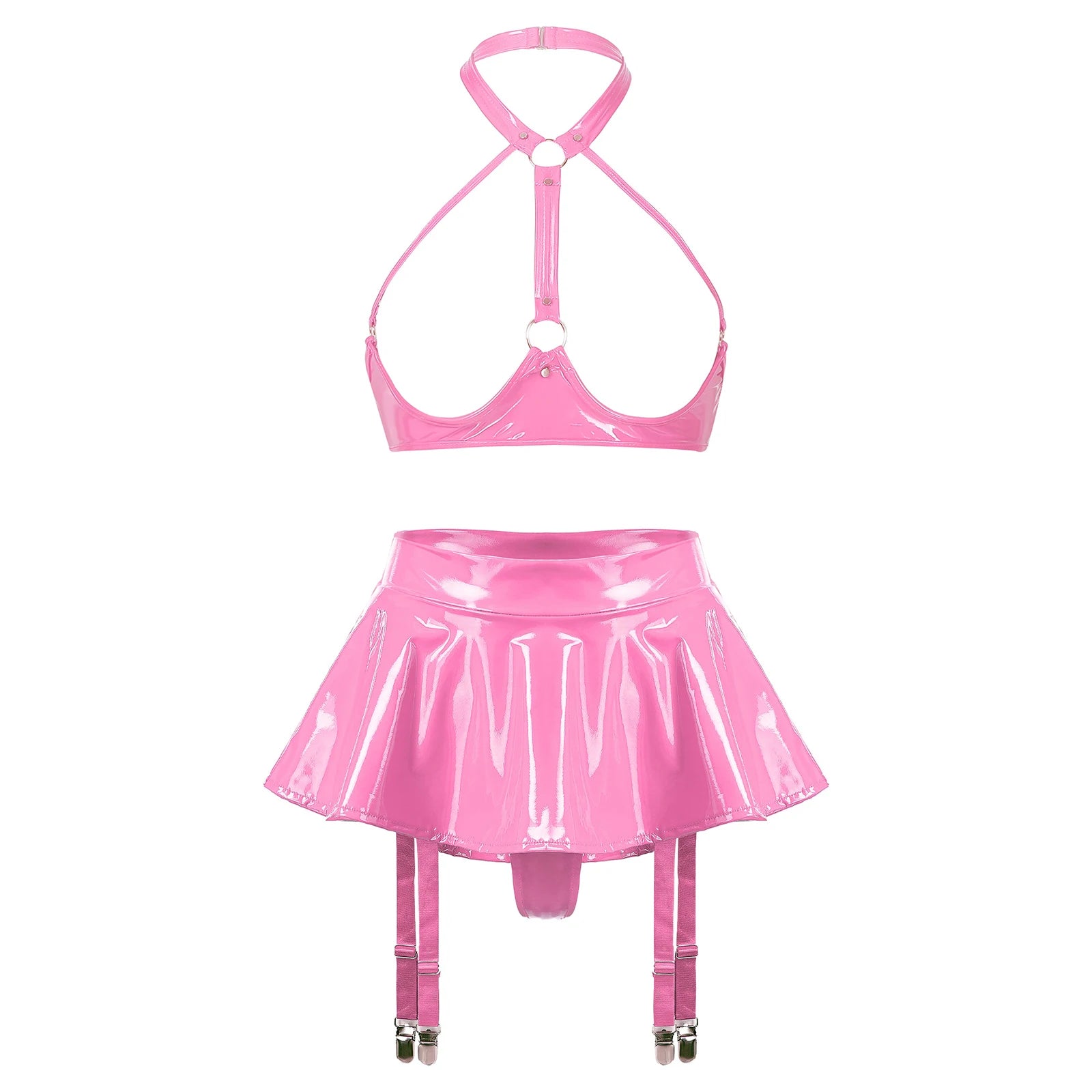 Lingerie Sexy Set Women Wetlook Patent Leather Wire-free Open Cup Sexy Bra with Ruffle Built-in Thongs Garter Belt Mini Skirts