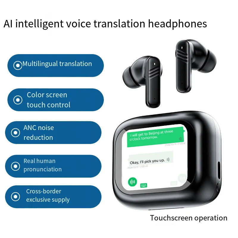 Bluetooth V6.0 AI Translation Headphones OWS Wireless Earbuds with LCD Touch Screen HD Stereo Sound Long Battery Life for Sports