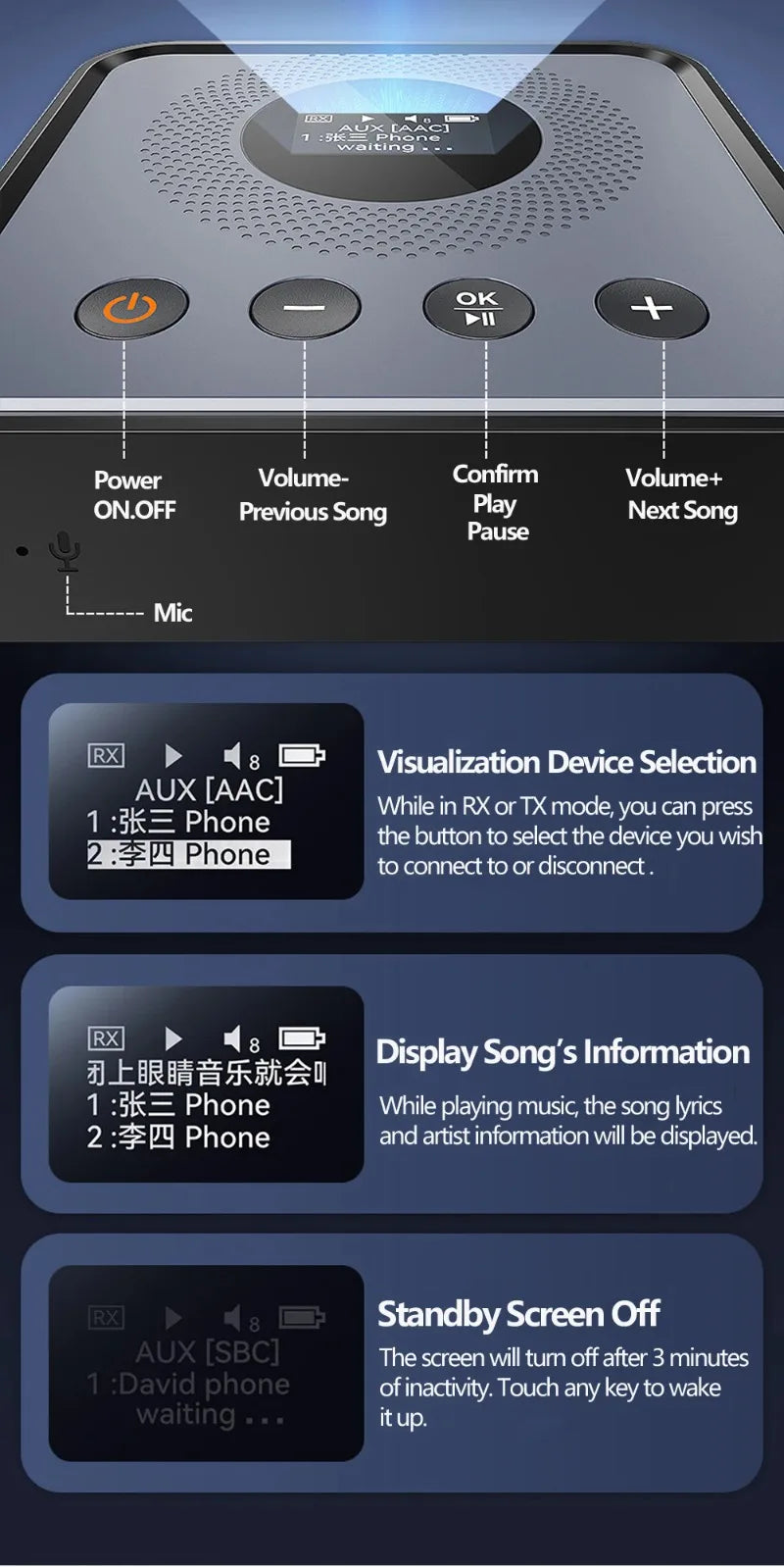 Bluetooth 6.0/5.2 Audio Receiver Transmitter with OLCD Digital Display USB Flash Drive & Wireless Music Playback Optical Output