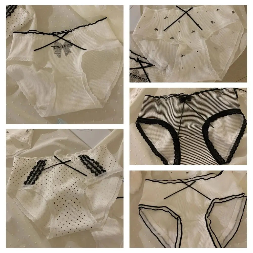 Lingerie Mid-waist Underwear for Women Ruffle Stripe Sweet Cotton Panties Underpants Dots Bow Briefs Girl