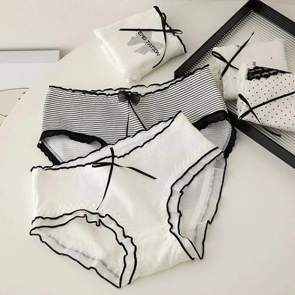 Lingerie Mid-waist Underwear for Women Ruffle Stripe Sweet Cotton Panties Underpants Dots Bow Briefs Girl