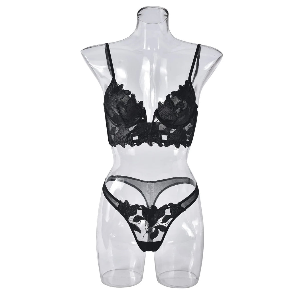 Sexy French Deep V Embroidery Mesh Lingerie Set Autumn Women's Ultra-thin Lace Bra and Panty Set Female Solid See Though Bra