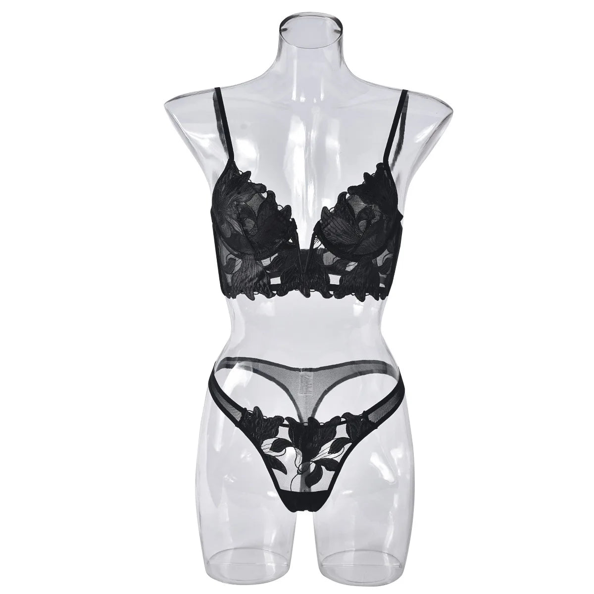 Sexy French Deep V Embroidery Mesh Lingerie Set Autumn Women's Ultra-thin Lace Bra and Panty Set Female Solid See Though Bra