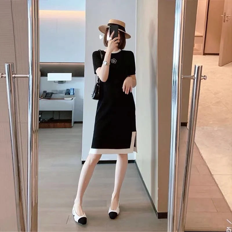 Summer Dresses Ladies 2023 Luxury Designer Rose Embroidery Split T shirt Long Ice Silk Straight Maternity Dress Women's Clothing