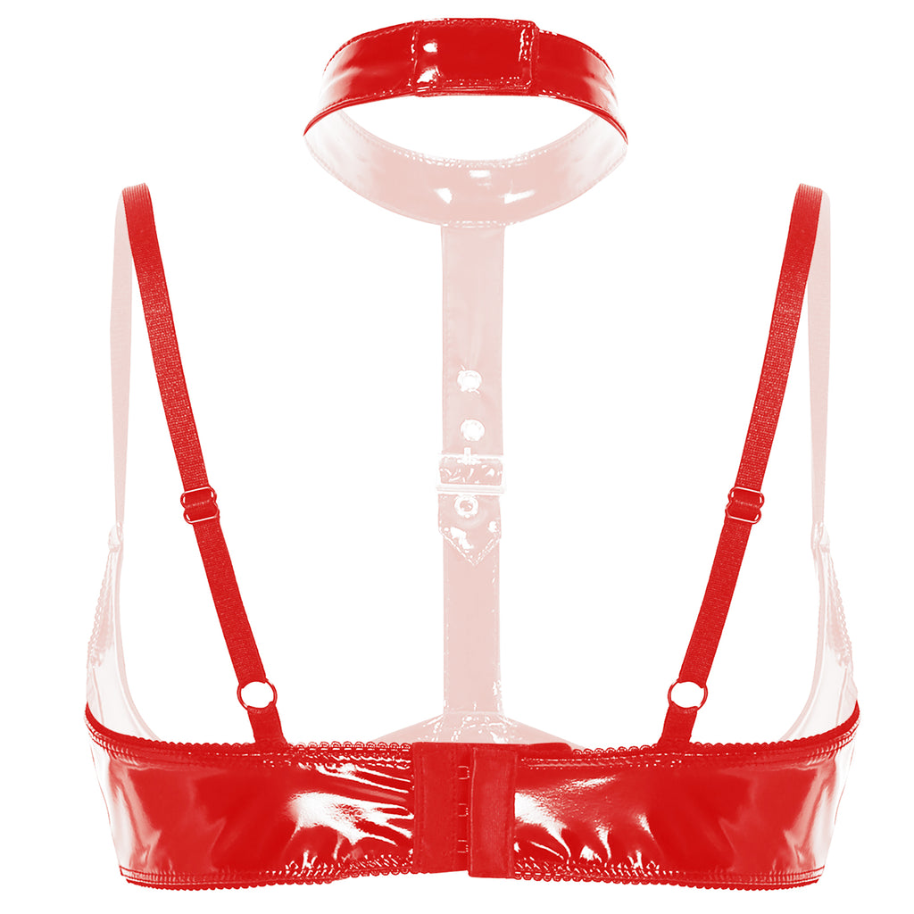 Lingerie Sexy Set Women Wetlook Patent Leather Wire-free Open Cup Sexy Bra with Ruffle Built-in Thongs Garter Belt Mini Skirts