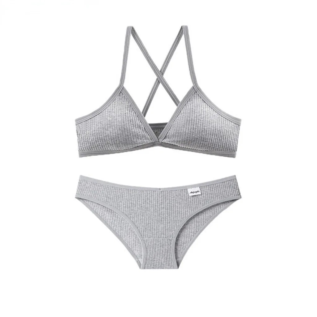 Sexy Bra Panties Women Lingerie Unpadded Bra Sexy Deep V Triangle Cup Cross Back Cotton Sports Set Panties