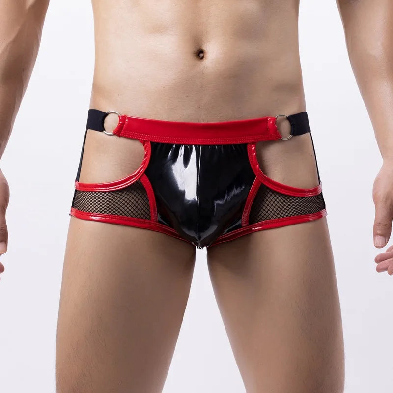 Lingerie Men Briefs Thong G-string String Homme PU Leather Mesh Patchwork Latex Panties Jockstrap Exotic Open Butt Gay Boxers
