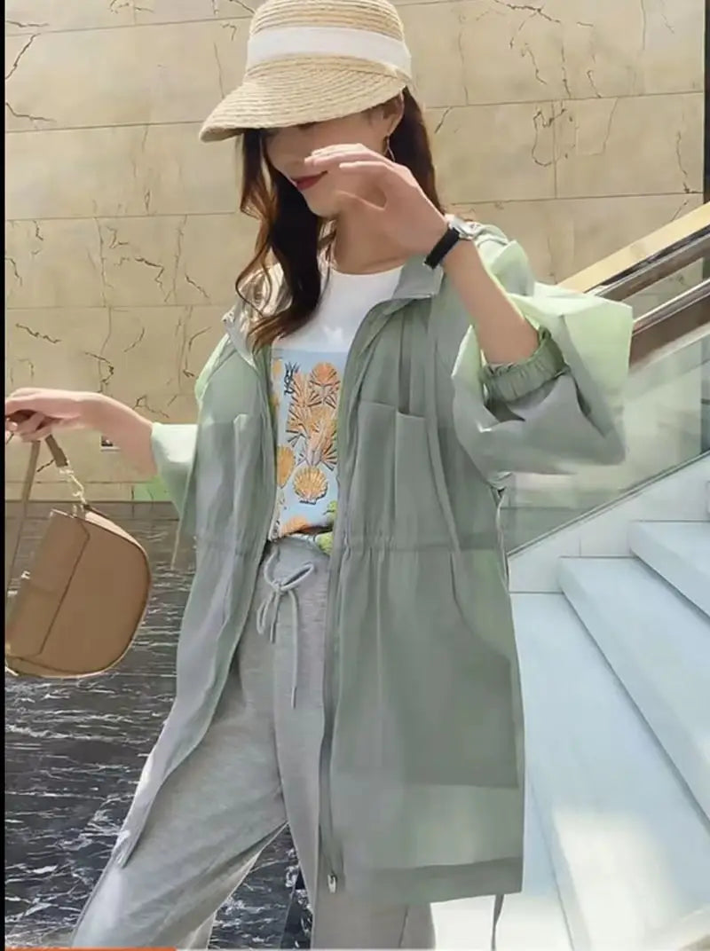 Summer Sunscreen For Women 2025 New Drawstring Waist Mid-length Thin Windbreaker UV Protection Cardigan Lightweight Trench Coat