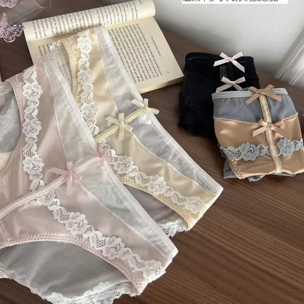 Lingerie Bow Lace Flower Panties Seamless Transparent Underwear for Women Patchwork Mid Waist Mesh Lace Briefs Girl