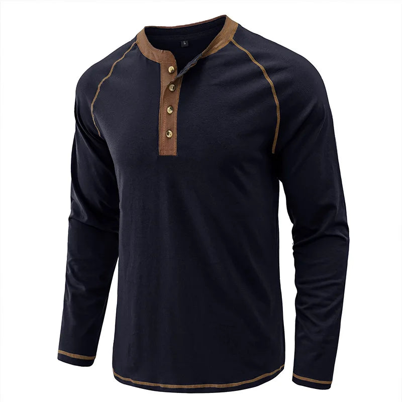 Summer  Autumn Men's American Heavy Cotton Henry Shirt  Long Sleeve Fitness Tough Guy T-Shirt Casual  T Shirt for Men Clothing