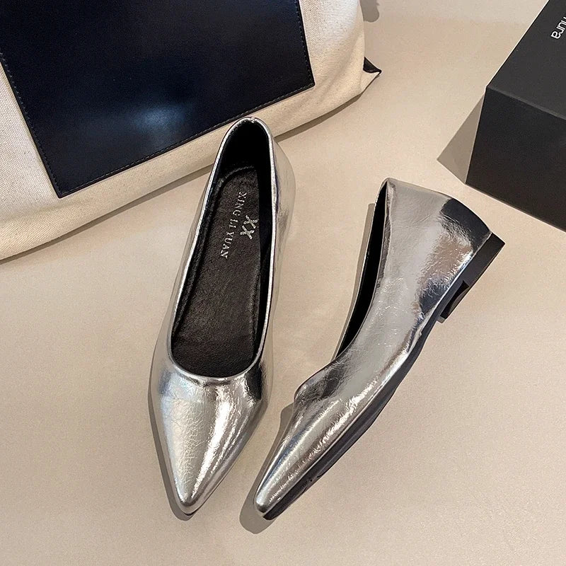 Fashionable low-heeled women's single shoes. Spring/Summer new style. Pointed toe office and commuting comfortable leather shoes