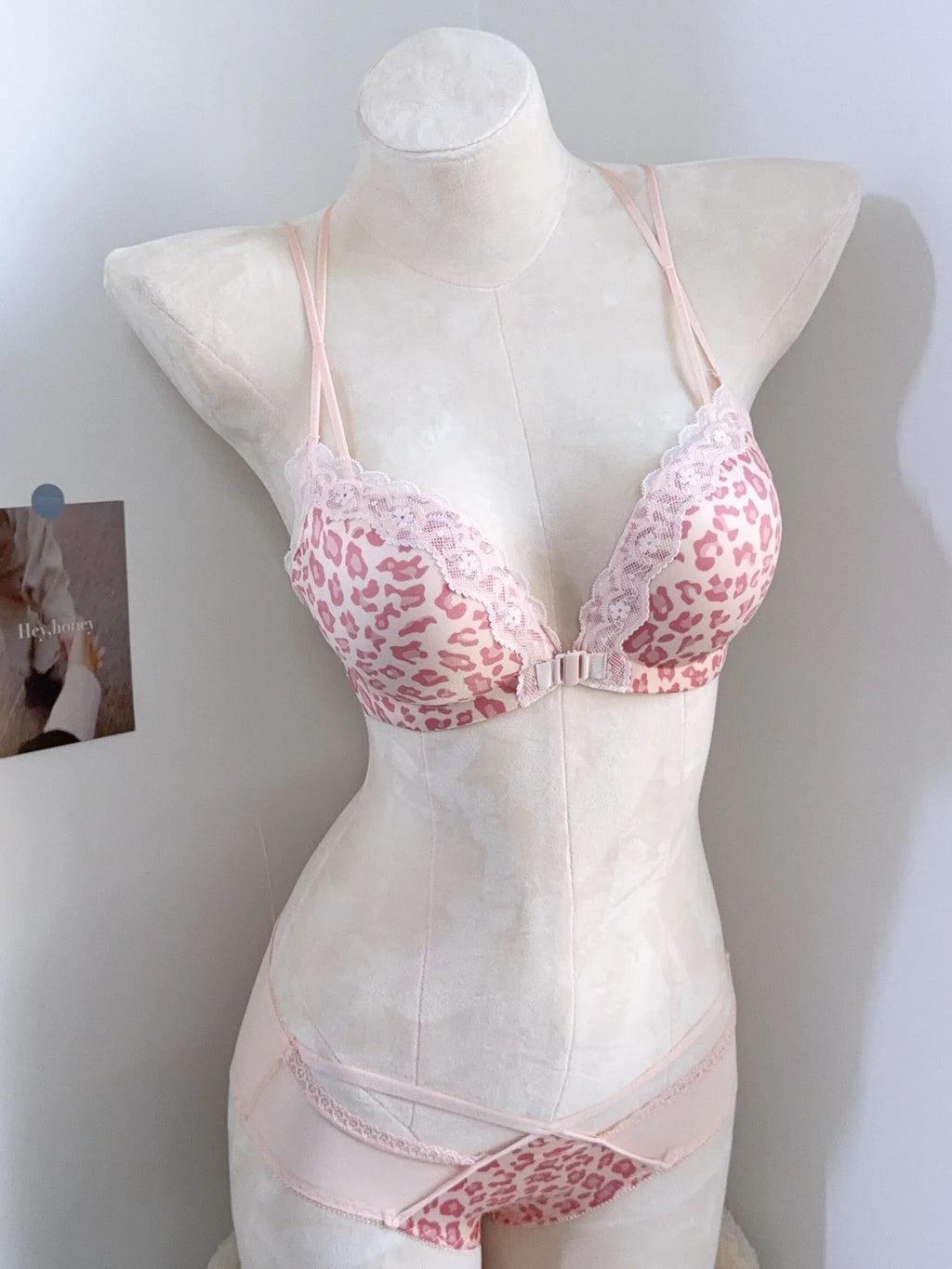 Hot Sale Front Closure Leopard Push Up Bra Set for Women, Backless Small Chest Lift Comfortable Underwear Set