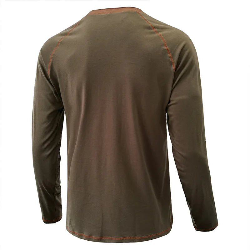 Summer  Autumn Men's American Heavy Cotton Henry Shirt  Long Sleeve Fitness Tough Guy T-Shirt Casual  T Shirt for Men Clothing