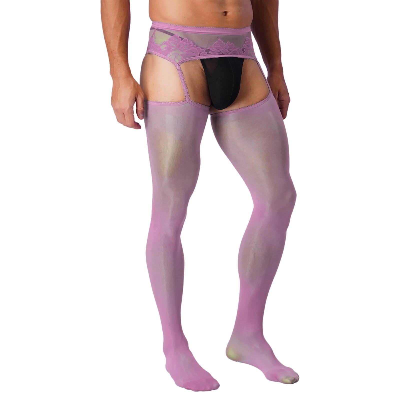 Lingerie Mens Ultra Thin Mesh Leggings Gays Pantyhose Floral Lace See Through Underpants Garter Stockings for Night Dating Wear