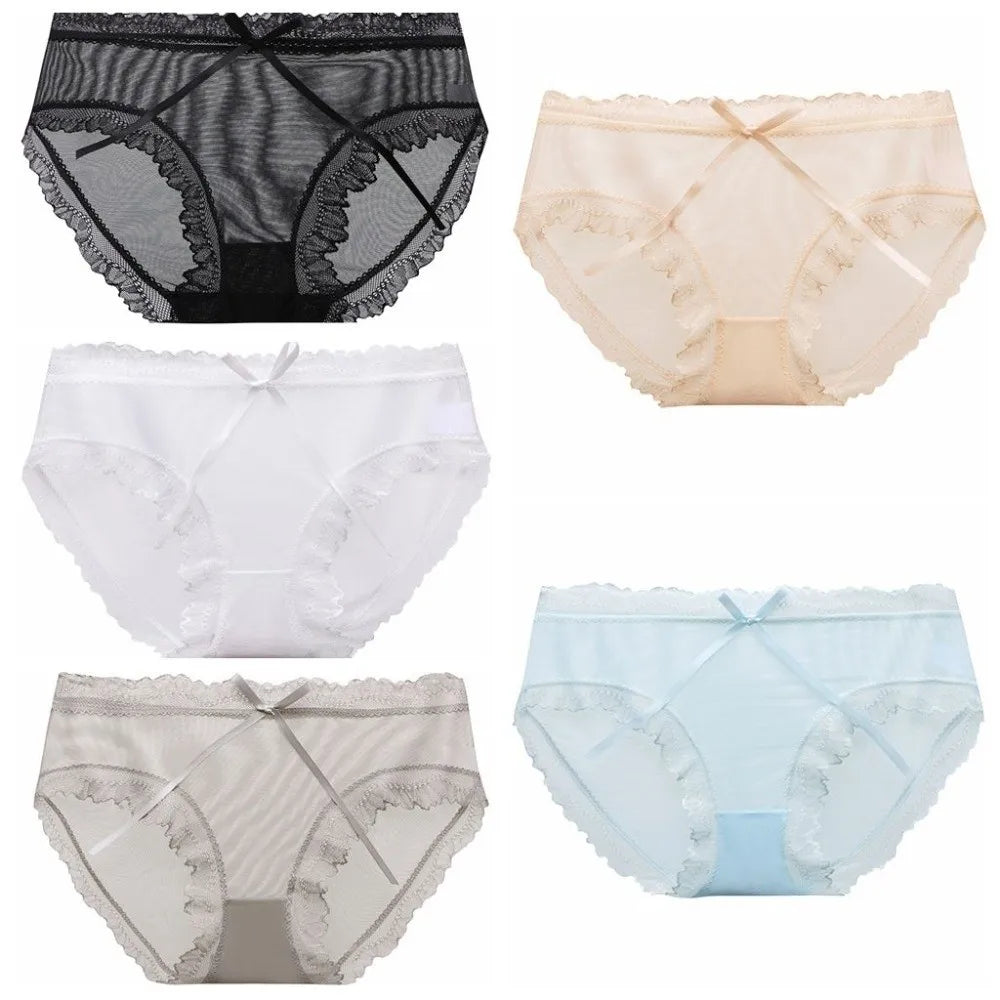Lingerie Low Waist Lace Panties Ice Silk Bow Underwear for Women Cotton Crotch Seamless Panties Girl