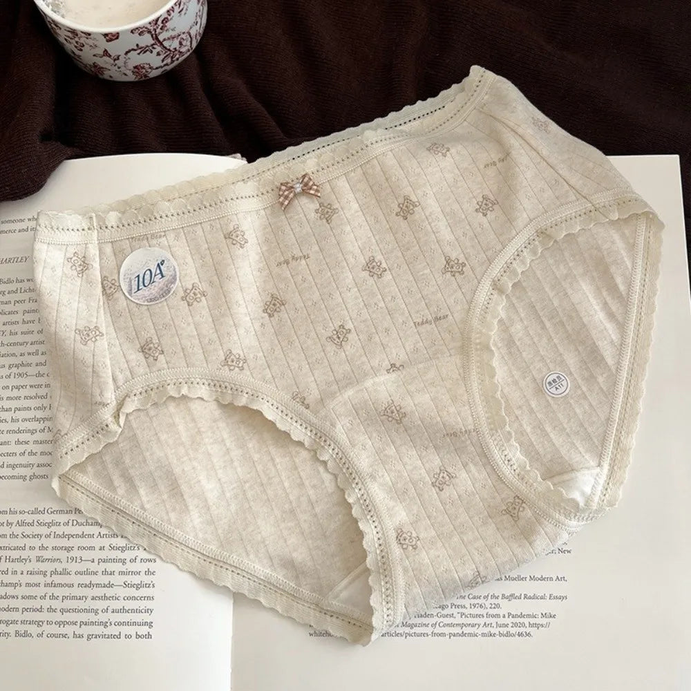 Lingerie Mid-waist Underwear for Women Bear Grid Sweet Floral Panties Underpants Bow Cotton Briefs Lady