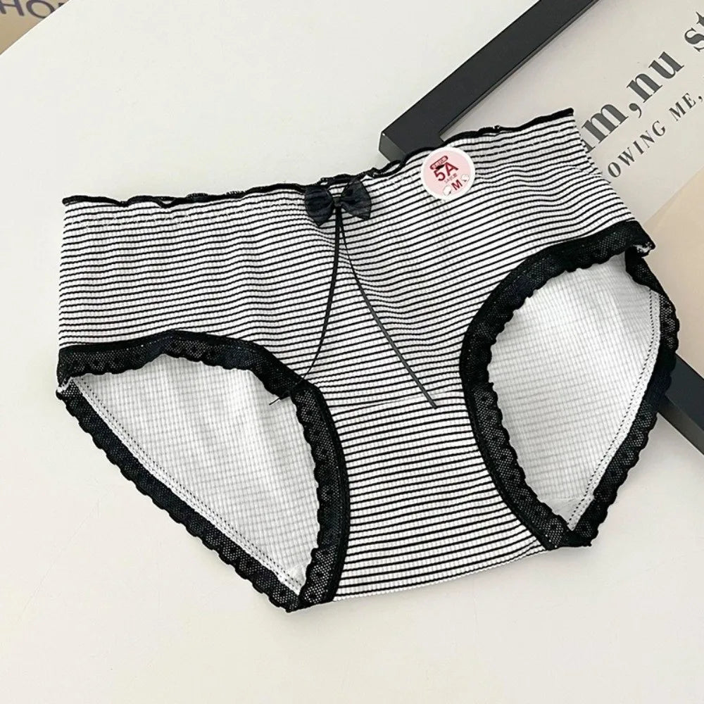 Lingerie Mid-waist Underwear for Women Ruffle Stripe Sweet Cotton Panties Underpants Dots Bow Briefs Girl