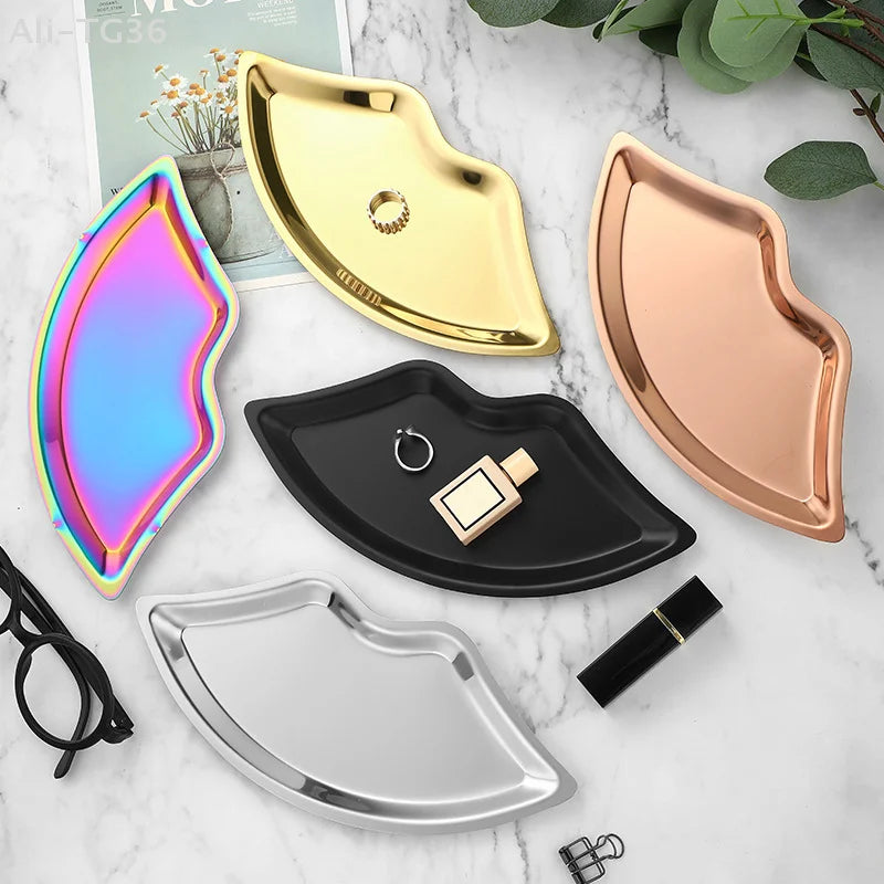 Lip Shaped Jewelry Tray Stainless Steel Metal Tray Female Jewelry Storage Tray Decorative  Home Cosmetics  xkdae