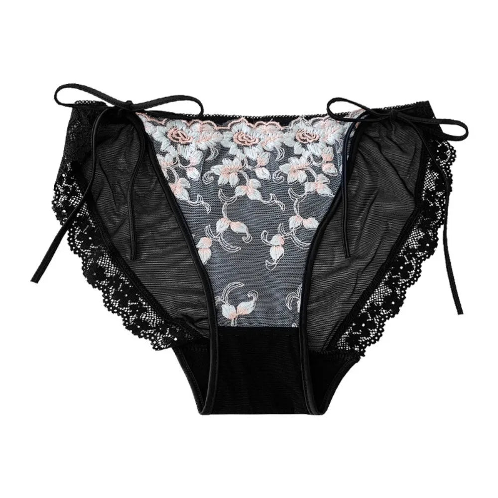 Lingerie Low Waist Embroidery Flower Panties Cotton Crotch Sweet Underwear for Women Transparent Mesh Lace Briefs Girl
