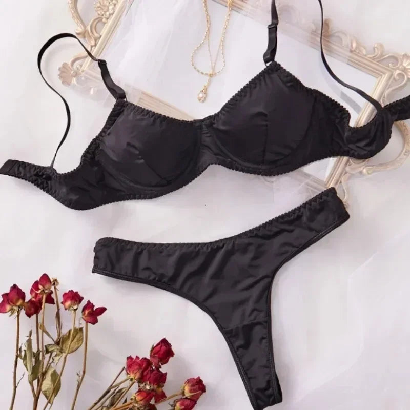 Bra and Panty Set Ladies Smooth Comfortable Thin Underwear Women Sexy Nightwear Inner Solid Sleep Underwear Bra Set Lingerie