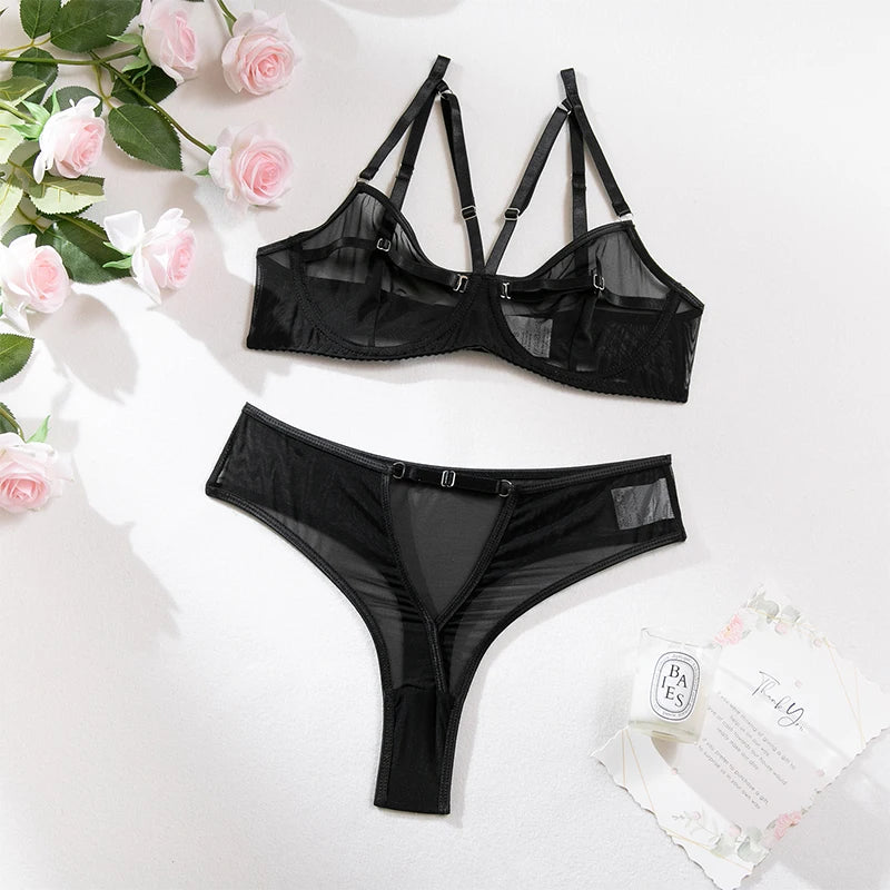 Women Bra and Briefs Sets Lace Flower Embroidery Sexy Perspective Underwire Erotic Lingerie Panty Two-Piece Underwear Set 2026