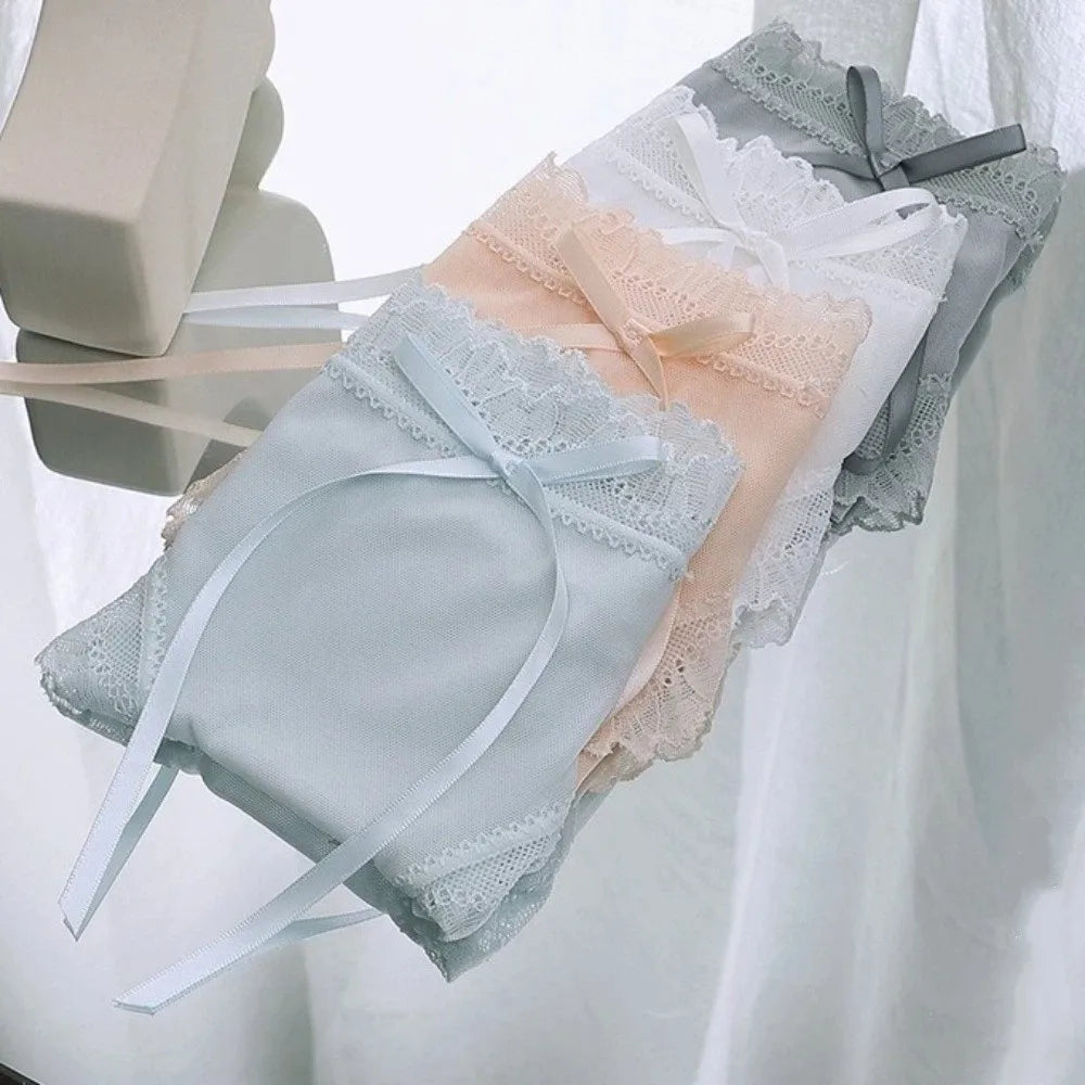 Lingerie Low Waist Lace Panties Ice Silk Bow Underwear for Women Cotton Crotch Seamless Panties Girl