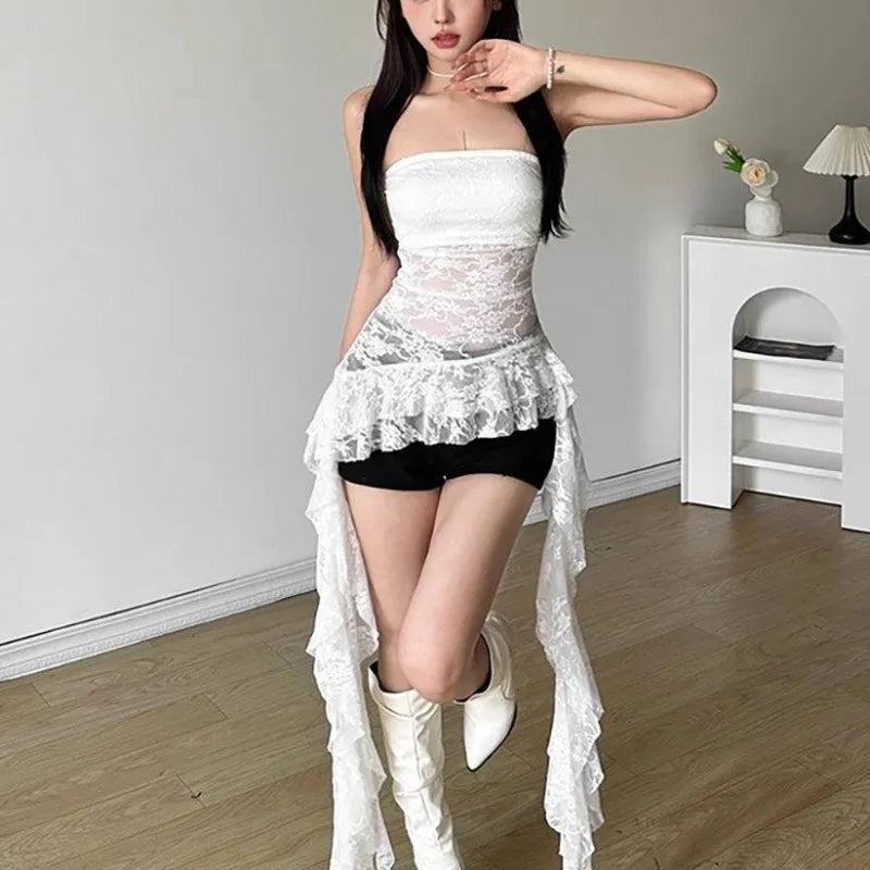 Summer Women Sexy Lace Splice Tube Top Vest Irregular Ruffle Hem Slim Fit Pure Desire Spicy Style Fashion Outwear Tops