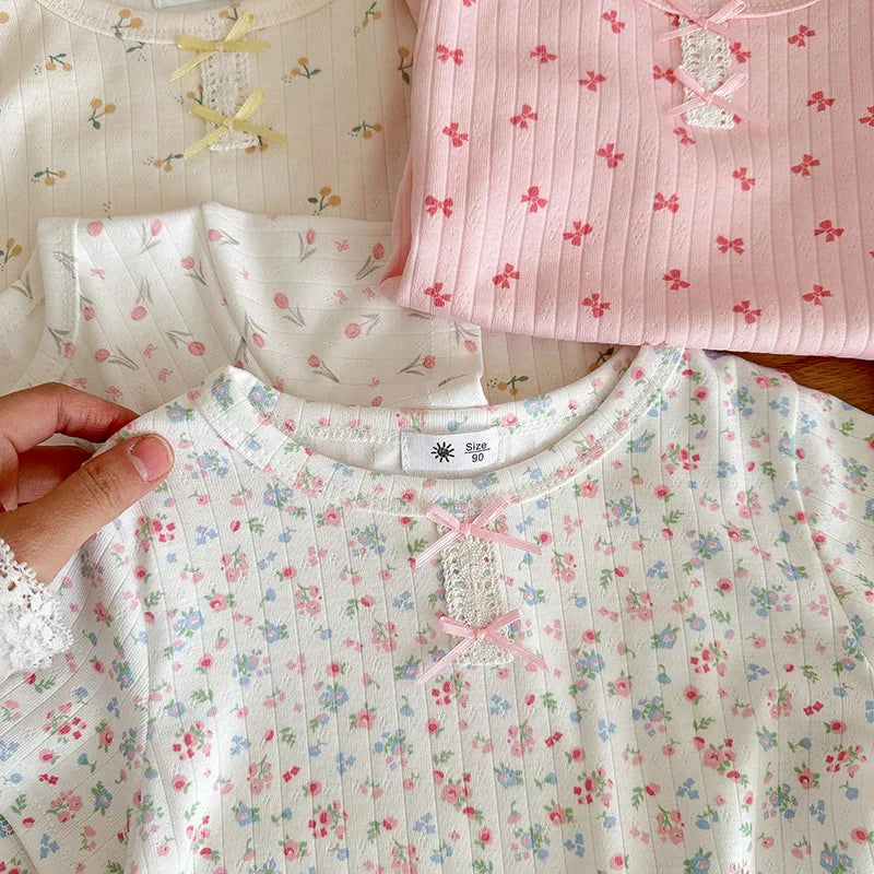 Summer New Girl's Clothes Korean Version Floral Short Sleeve T-shirt+Long Pants Home Wear Two Pieces Set Breathable Clothes