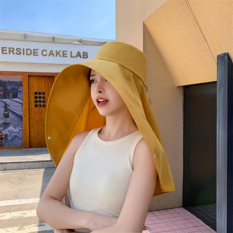 Summer Hats for Women Outdoor UV Anti Neck Protection Sun Visors for Lady Fishing Hiking Wide Brim Shawl Sunscreen Ponytail Cap