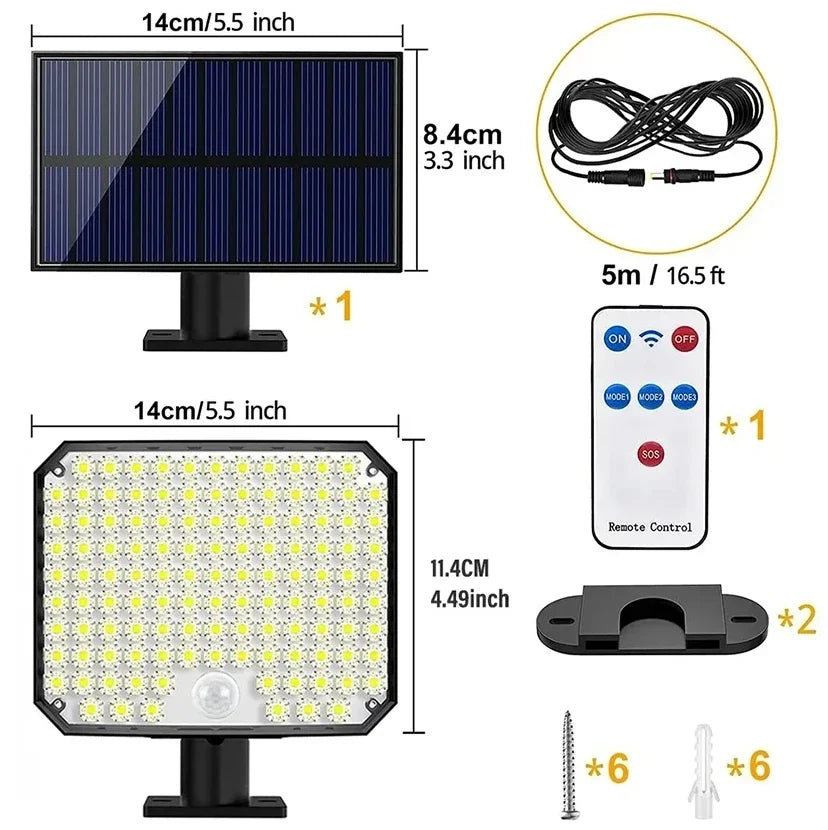Solar Outdoor Lights 2500LM 118LED Security Lamps with Remote Control for Garden 3 Heads Motion Sensor Light IP65 Waterproof