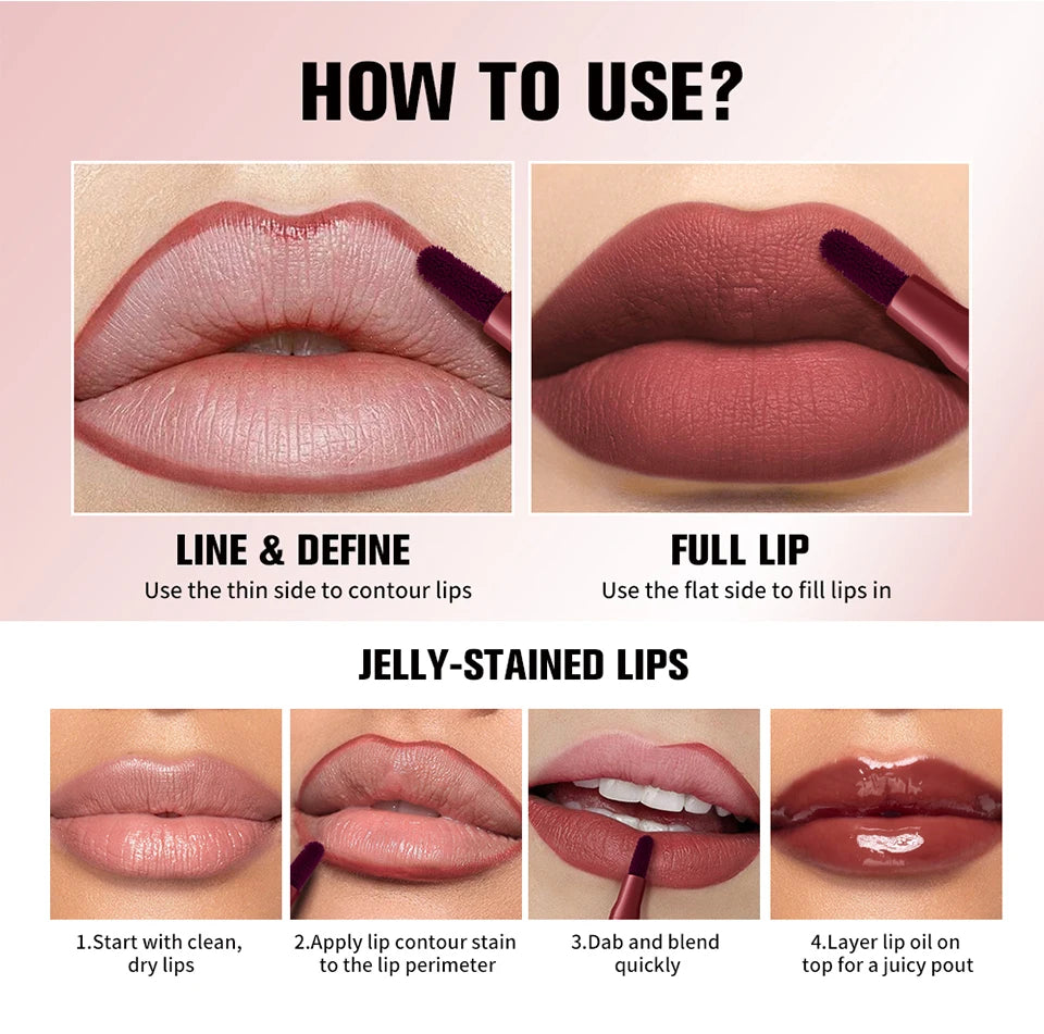 2-in-1 Lip Contour Lip Stain Pen Smudge-proof Non-stick Cup Moisturizing Lip Makeup Cosmetic Dual-Sided Tip Lip Stain & Liner