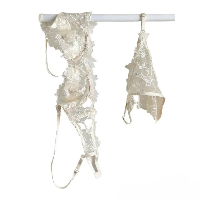 Padded Bra Set Small Bust | Lace Embroidered & Mesh Underwear Set with Soft Underwire, Comfortable Demi Cup Sexy Tushy Panty PP