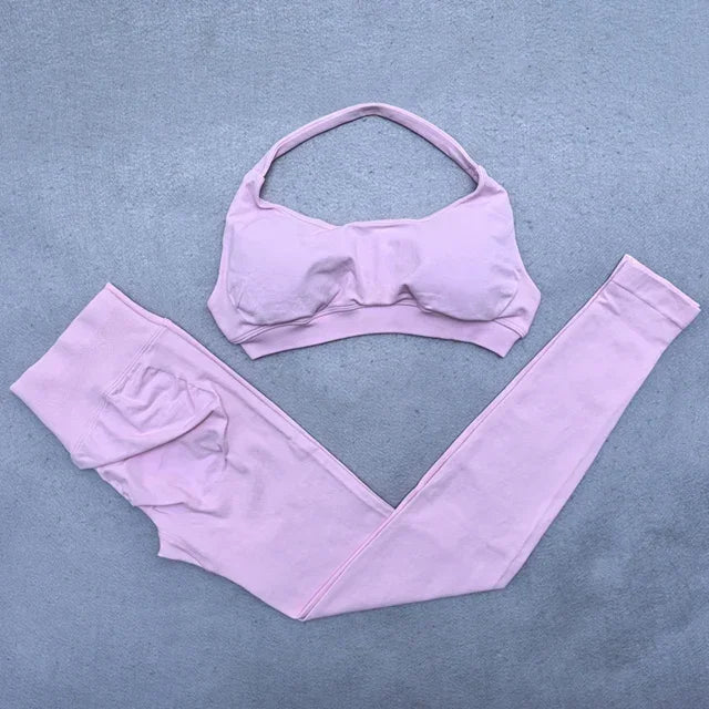 Gym Set 2pcs Women Backless Yoga Bra Top Workout Scrunch Pants Sports Suit Fitness Clothes Seamless Outfits Yoga Leggings