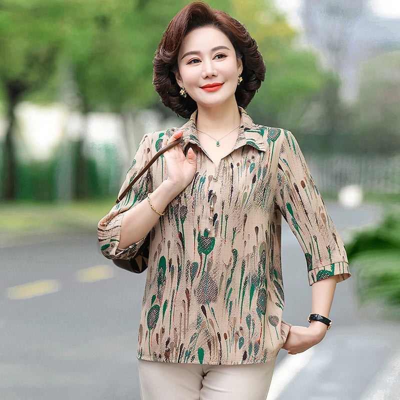 Summer Plus Size Shirt For Women's 2025 Printed Loose Top Mulberry Silk Blended Vacation Work Women's Clothing