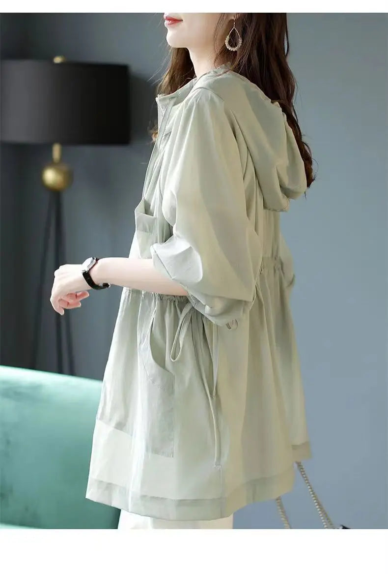 Summer Sunscreen For Women 2025 New Drawstring Waist Mid-length Thin Windbreaker UV Protection Cardigan Lightweight Trench Coat