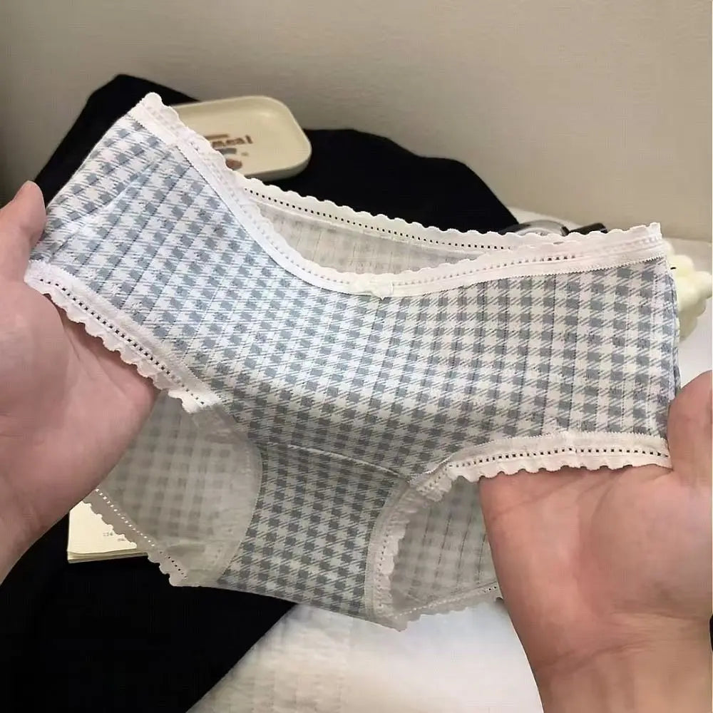 Lingerie Mid-waist Underwear for Women Bear Bow Sweet Floral Panties Underpants Grid Cotton Briefs Summer