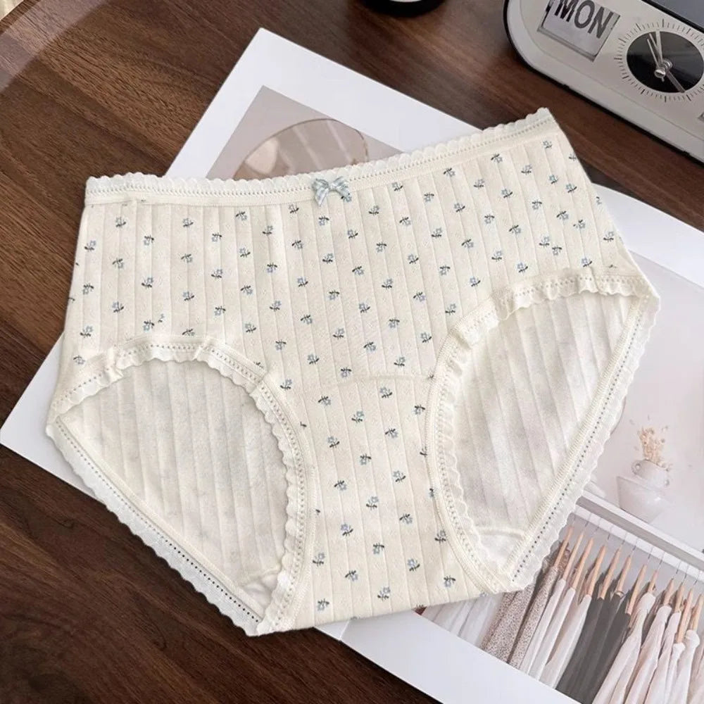 Lingerie Mid-waist Underwear for Women Bear Bow Sweet Floral Panties Underpants Grid Cotton Briefs Summer