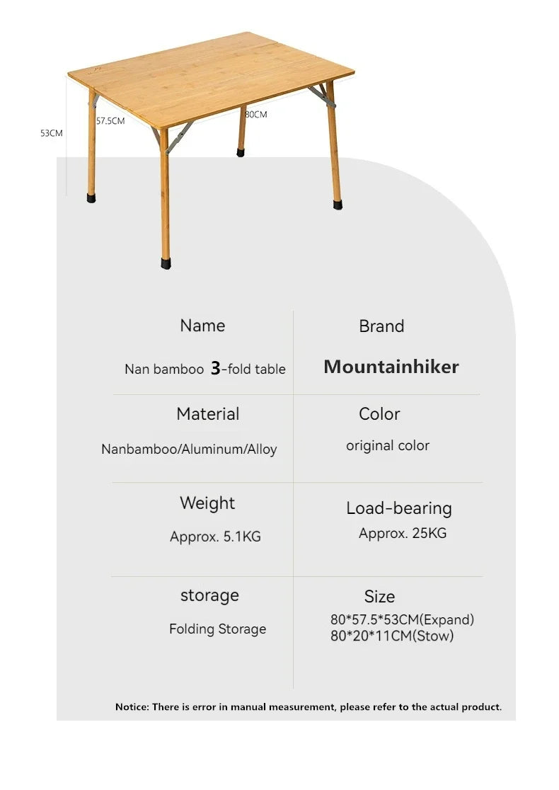 MOUNTAINHIKER Outdoor Camping Bamboo 2/3 Folding Table Portable Fast Storage Folding Desk Outdoor Dining Table Picnic BBQ Table