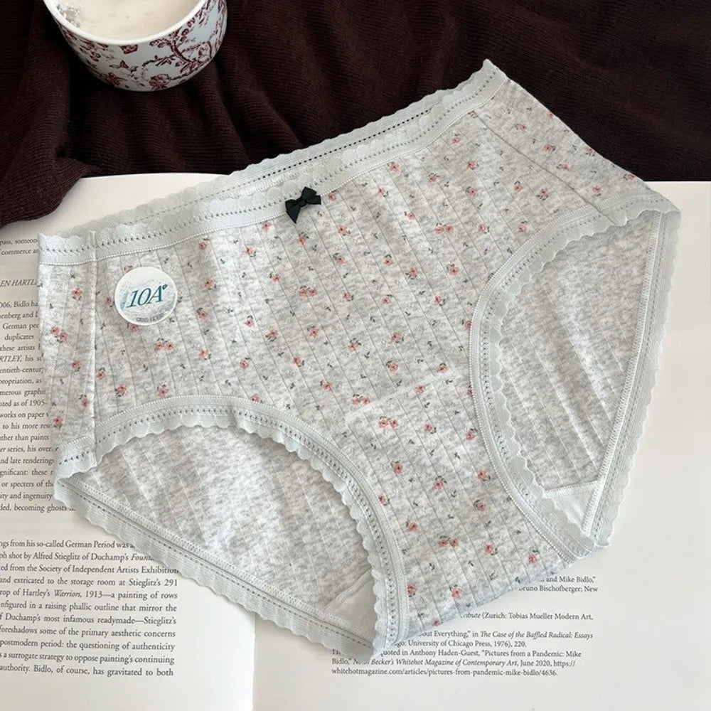 Lingerie Mid-waist Underwear for Women Bear Grid Sweet Floral Panties Underpants Bow Cotton Briefs Lady