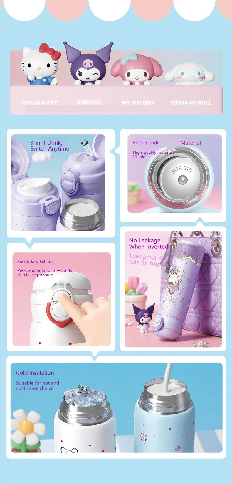X&W Sanrio Thermal Cup Insulated Mug Kuromi Thermos Cups 316 Stainless Steel Double Drinking Straw Cup Portable Water Bottles