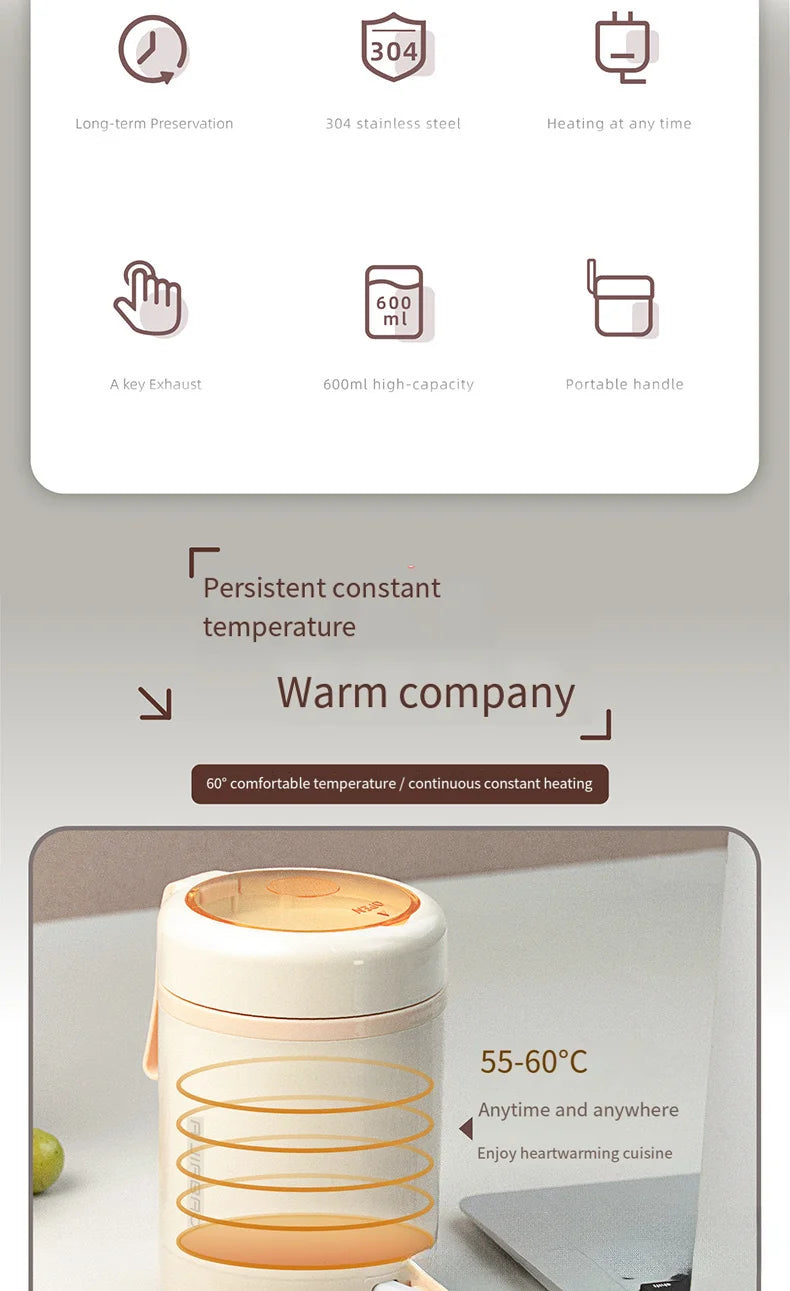 304 stainless steel thermos cup for office workers to take away portable mini thermal soup kettle rechargeable plug-in heating