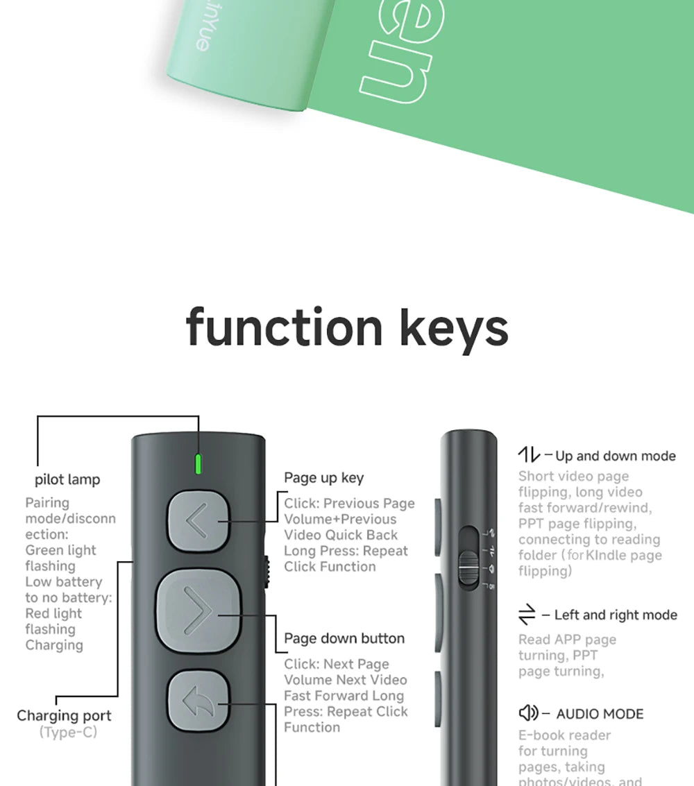 Bluetooth Page Turner Camera/Music Control Pen Paging Device E-book Reader Swipe Short Video Supports IOS Android Remote Control