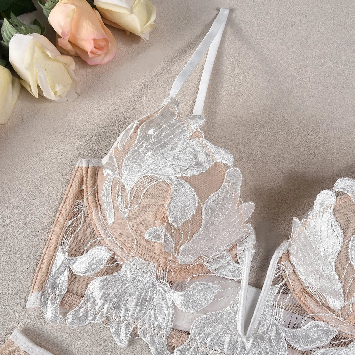 Sexy French Deep V Embroidery Mesh Lingerie Set Autumn Women's Ultra-thin Lace Bra and Panty Set Female Solid See Though Bra