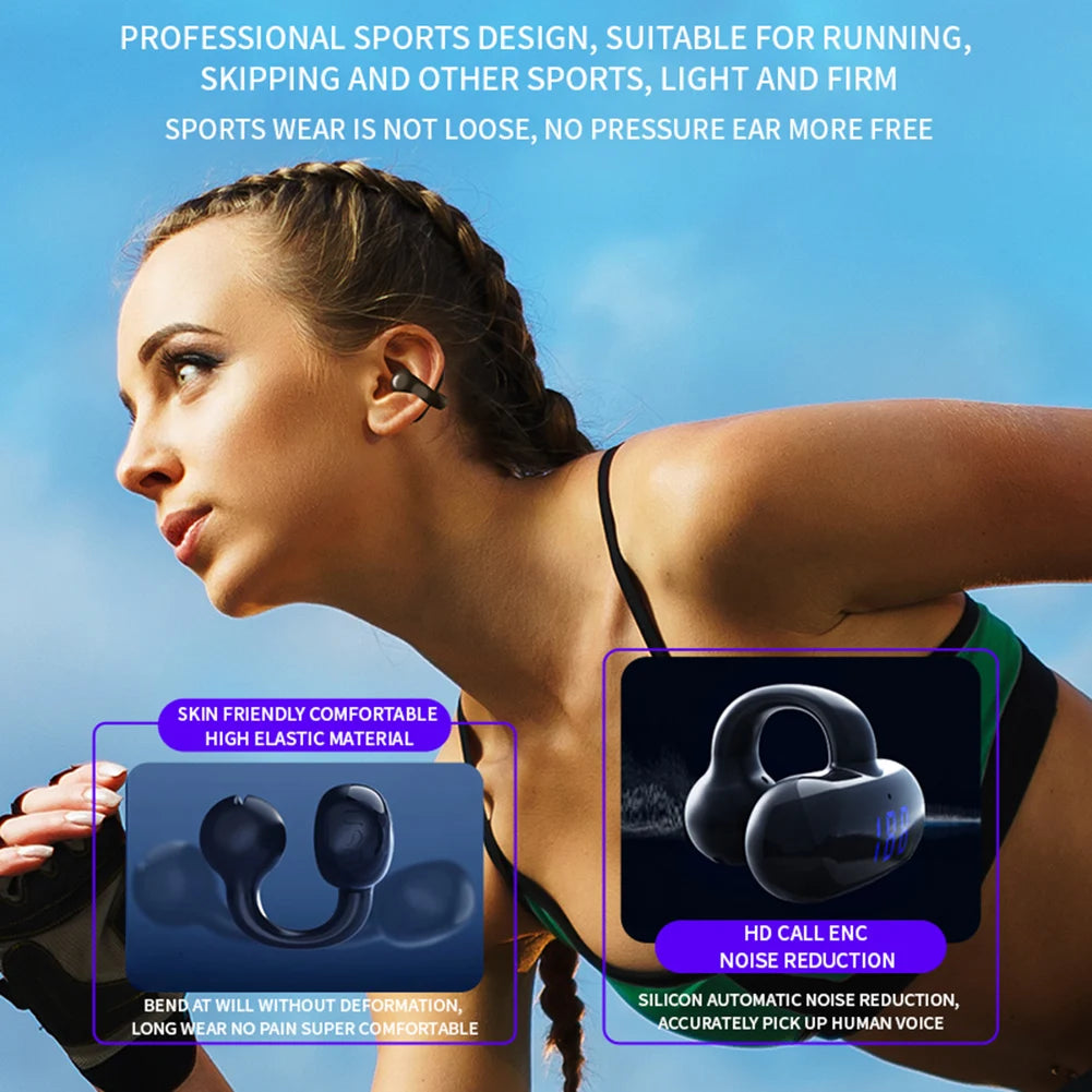 Bluetooth 5.3 Bone Conduction Open Earclips Wireless Non in Ear Digital Display IPX6 Waterproof Sports Single Earbuds with Mic