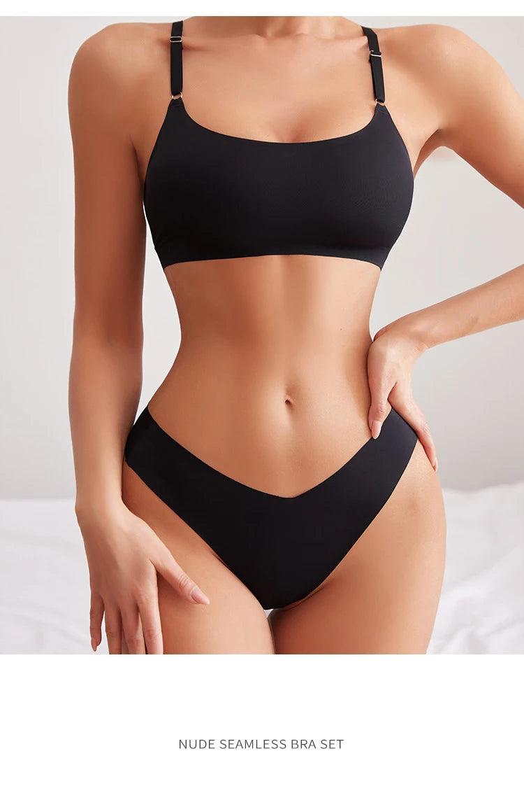Women Seamless Bra Set Sexy Thong Low Waist Panties Wire Free Bra Bralette Lingerie Brassiere Ice Silk Female Underwear Set