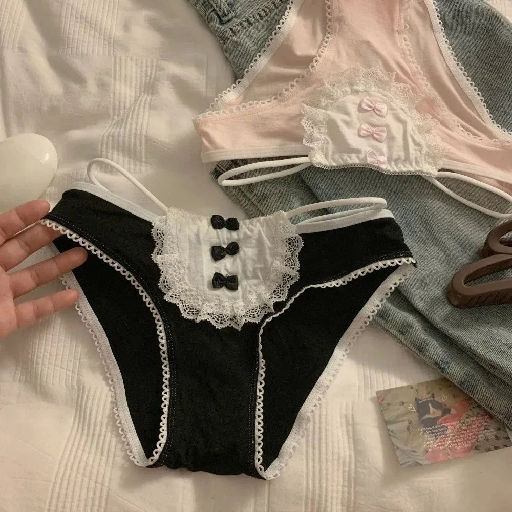 Lingerie Bow Lace Flower Panties Transparent Mid Waist French Style Briefs Seamless Hollow Women Underwear Girl