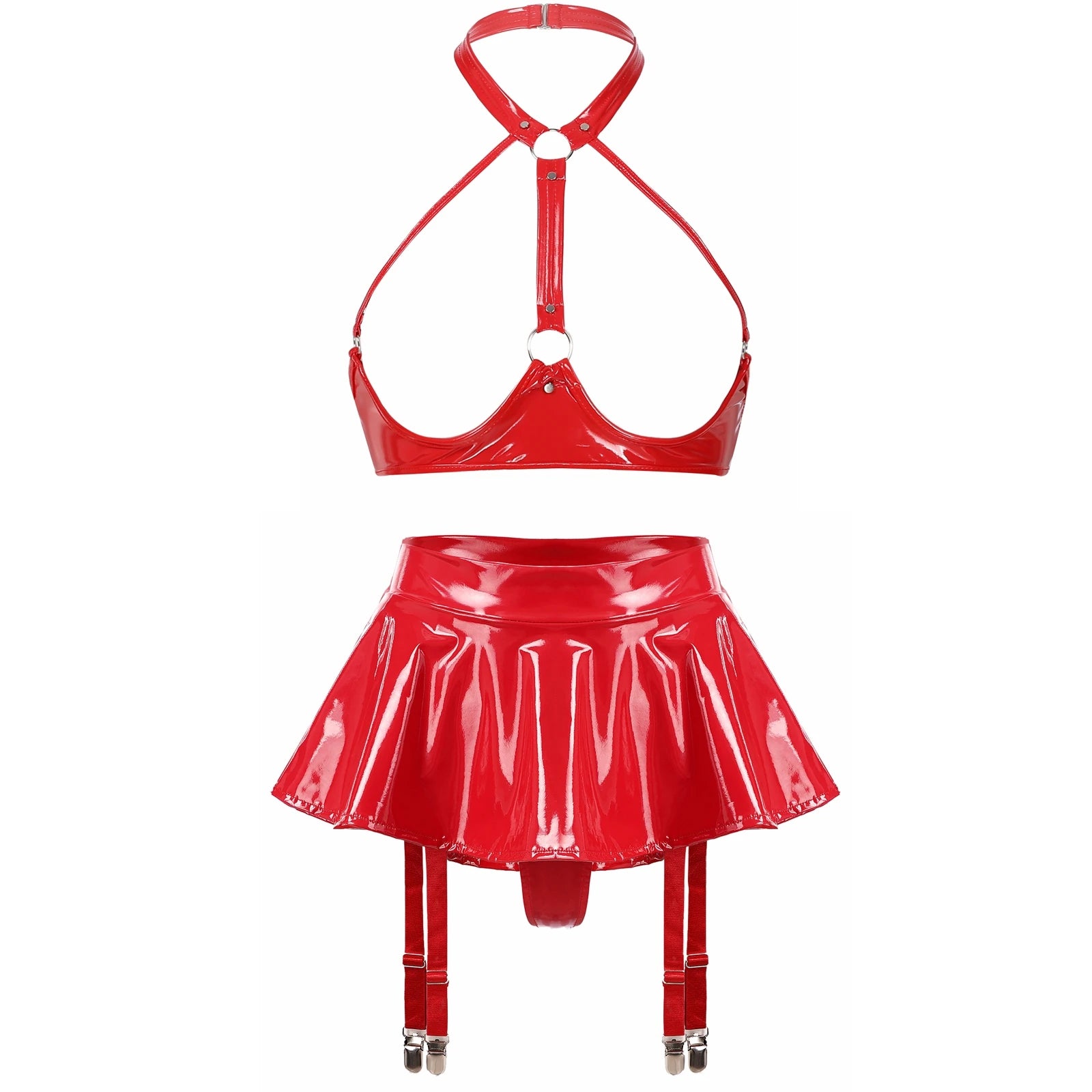 Lingerie Sexy Set Women Wetlook Patent Leather Wire-free Open Cup Sexy Bra with Ruffle Built-in Thongs Garter Belt Mini Skirts