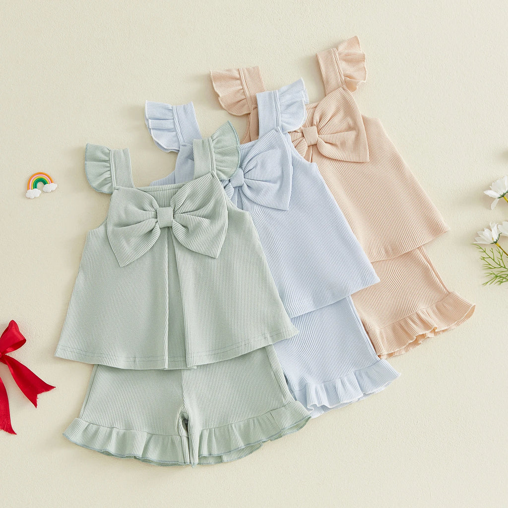 Summer Kids Girls Outfits Solid Color Flying Sleeve Tops Shorts Casual Clothes Set