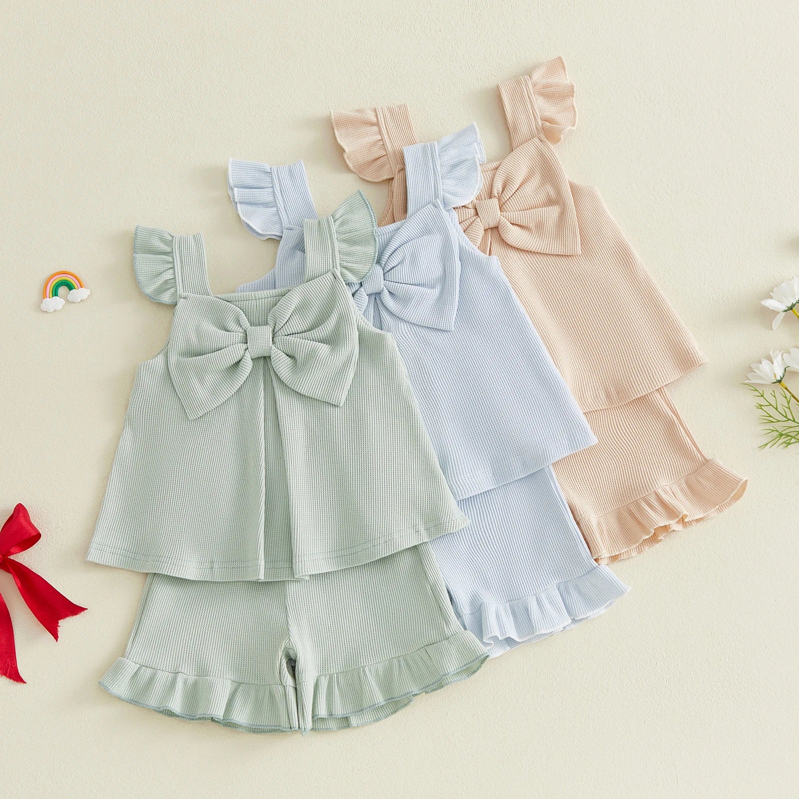 Summer Kids Girls Outfits Solid Color Flying Sleeve Tops Shorts Casual Clothes Set