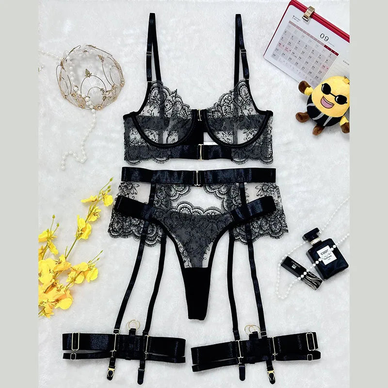 European And American Women Transparent Bra Underwear Set Embroidered Metal Buckle Strap Bra Body Shaping Fashion Underwear